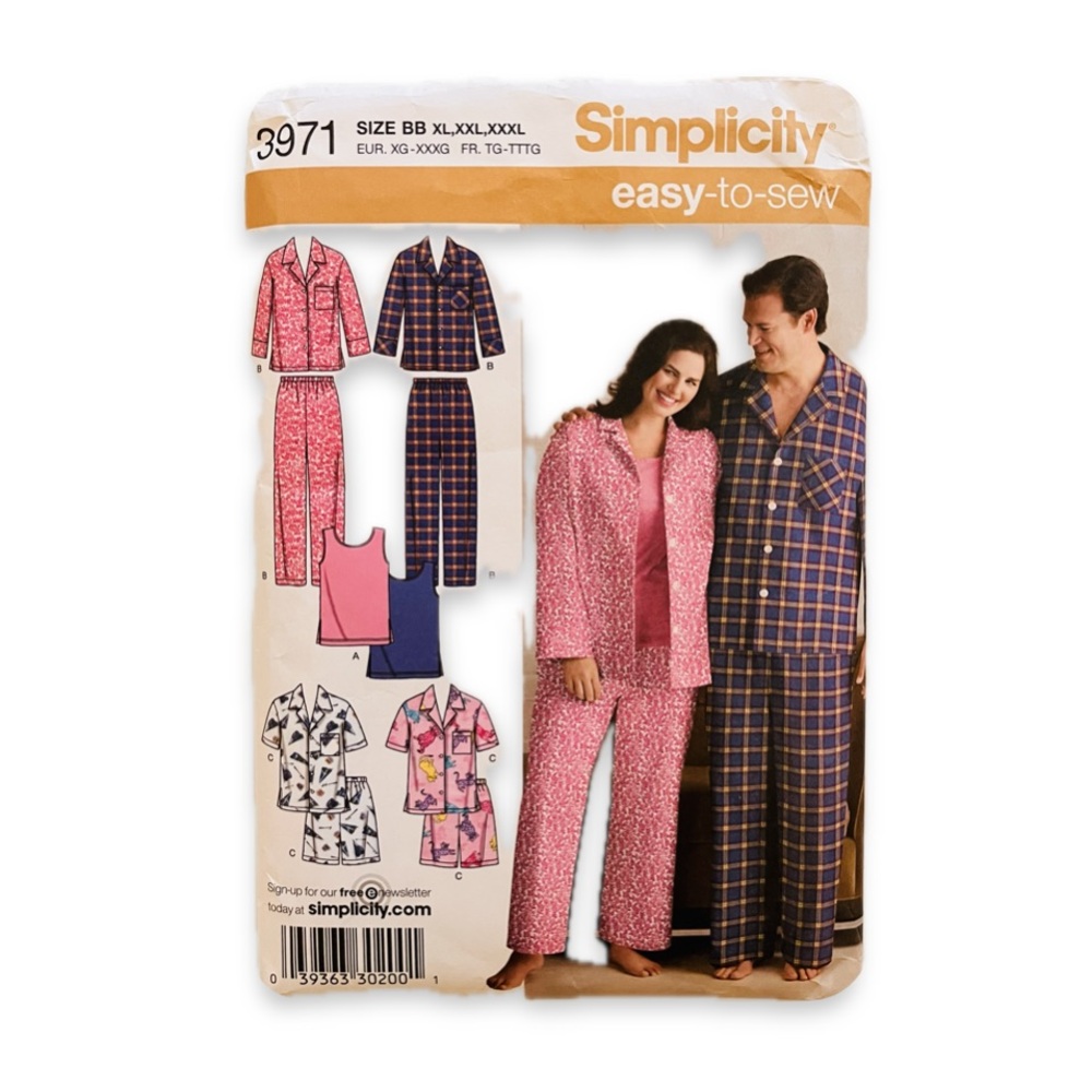 Simplicity Pajama Sewing Pattern 3971 Uncut Unisex Mens Womens XL XXL XXXL Plus